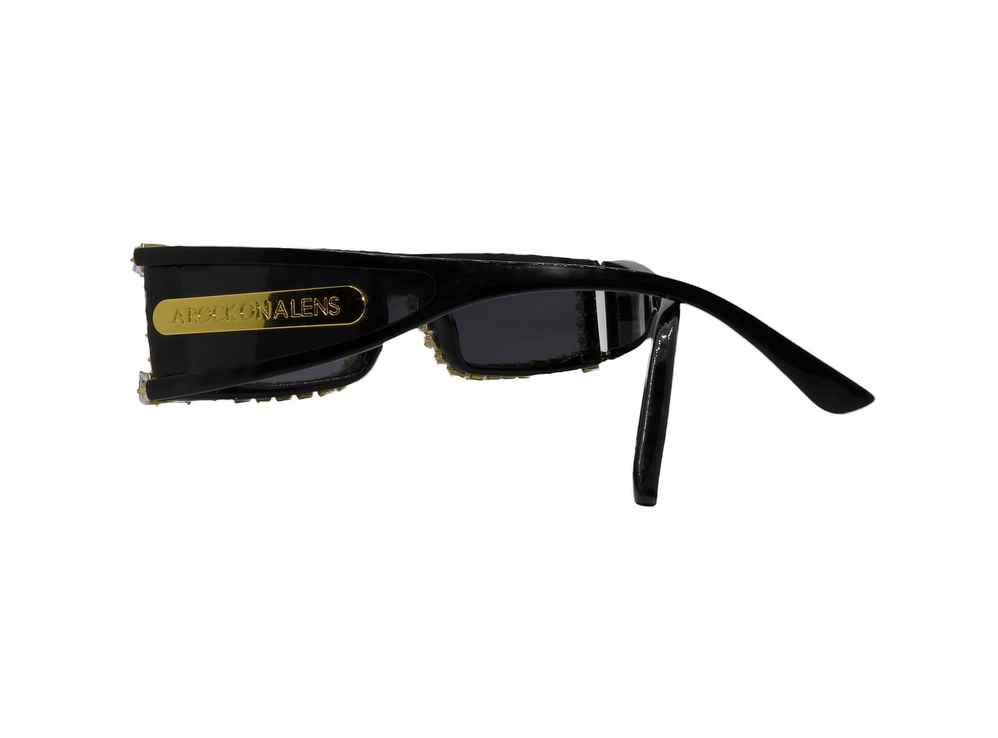 PHASE A - Black Square Unique Sunglasses with Square Rhinestones in a Gold Setting. Hand Embellished Abstract Sunglasses