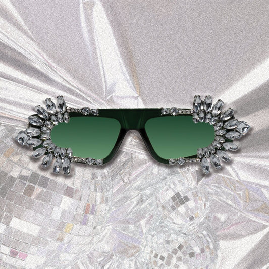 FITZROY - Green Sunglasses with Silver Aztec Rhinestone's. Hand Embellished Abstract Sunglasses from Melbourne, Australia.