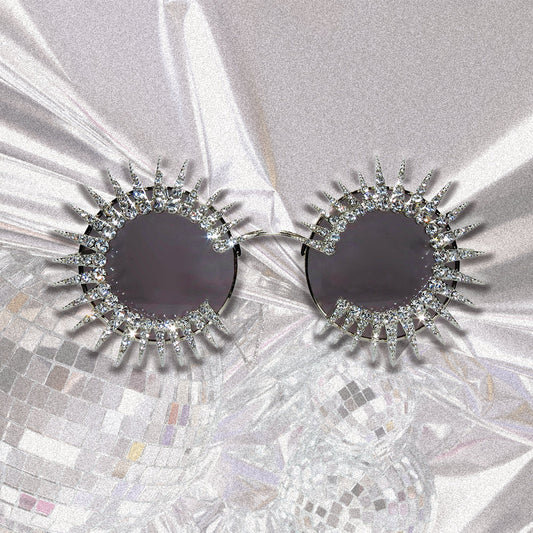 FOOTSCRAY - Round Vintage Sunglasses with Silver Crystal Rhinestone Spikes . Hand Embellished Abstract Sunglasses from Melbourne, Australia.