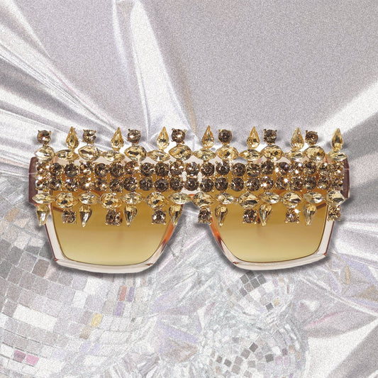 HAWTHORN - Gold Flat Top Unique Sunglasses Embellished Gold Rhinestone Embellishment. Hand Made Sunglasses