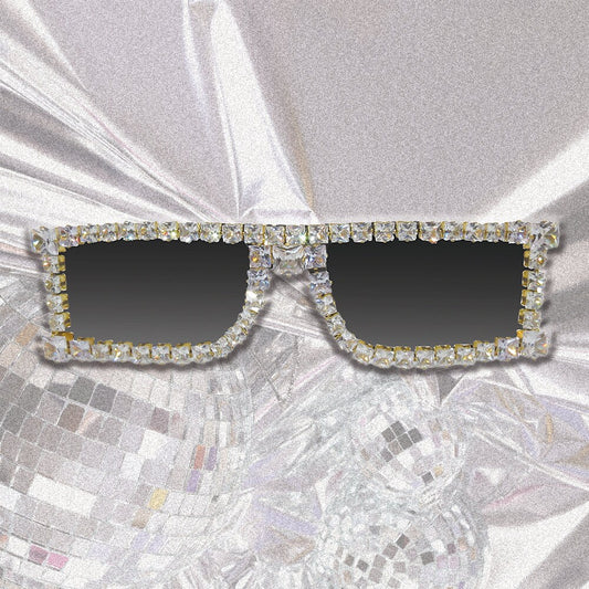 PHASE A - Black Square Unique Sunglasses with Square Rhinestones in a Gold Setting. Hand Embellished Abstract Sunglasses