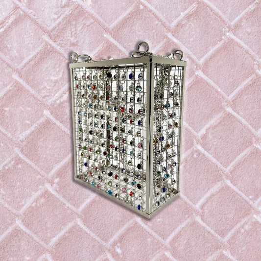 THE CAGE CLUTCH - Silver Metal Cage Clutch Detailed with Colourful Rhinestones and Chain