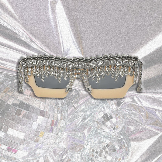 NEW YORK - Art Deco Styled Unique Sunglasses Embellished with Rhinestones, Chain and Rhinestone Rivets