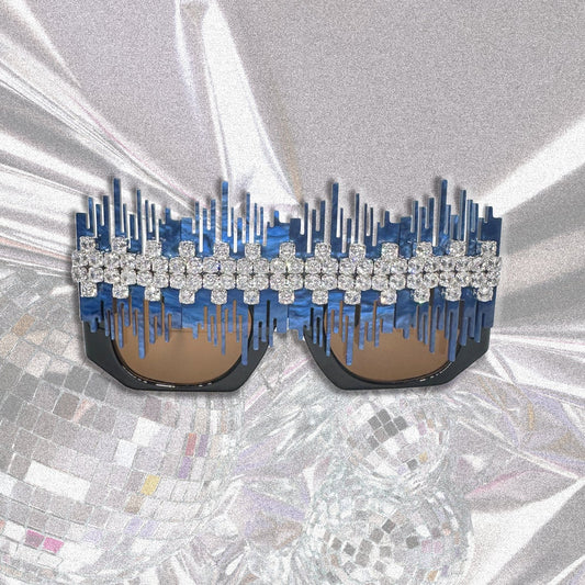 BLUECITY - Flat Top Unique Sunglasses Embellished with Cubic Zirconias and Blue Marbled Resin