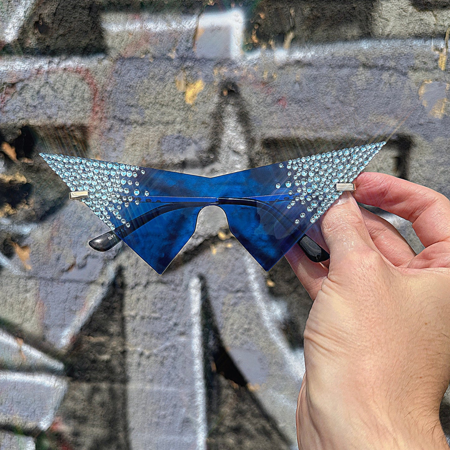 LIGHTING - Retro Blue Triangle Swarovski Embellished Sunglasses with Blue Swarovski Crystals