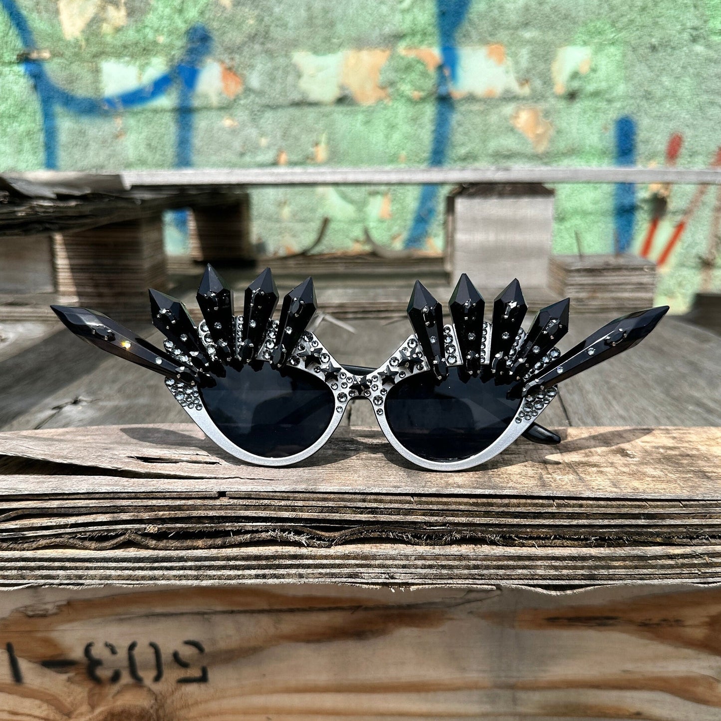 SHOWGIRL - A ONE OFF Custom American inspired Retro Sunglasses. Embellished with Black Spikes and Swarovski Crystals.